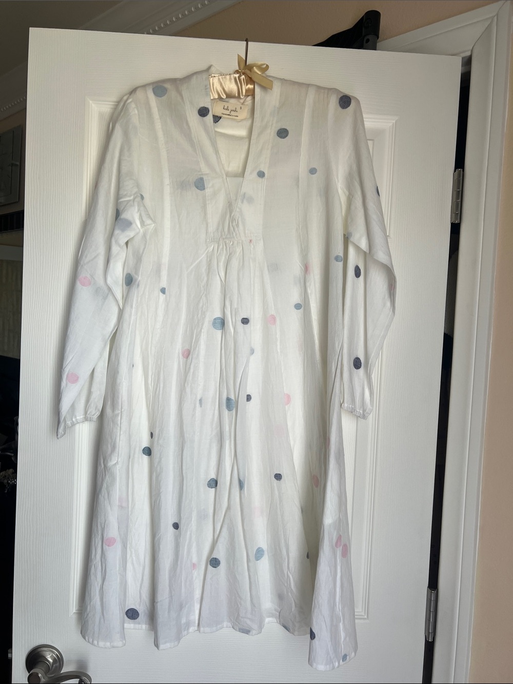 Polka Dot Cotton Dress in White with Blue & Pink Dots